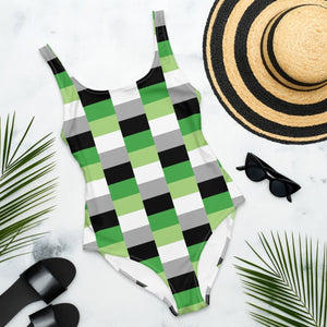 Aromantic Flag Check One-Piece Swimsuit - On Trend Shirts