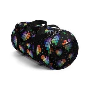 Black Rainbow Pixel Heart Duffel Bag - On Trend Shirts