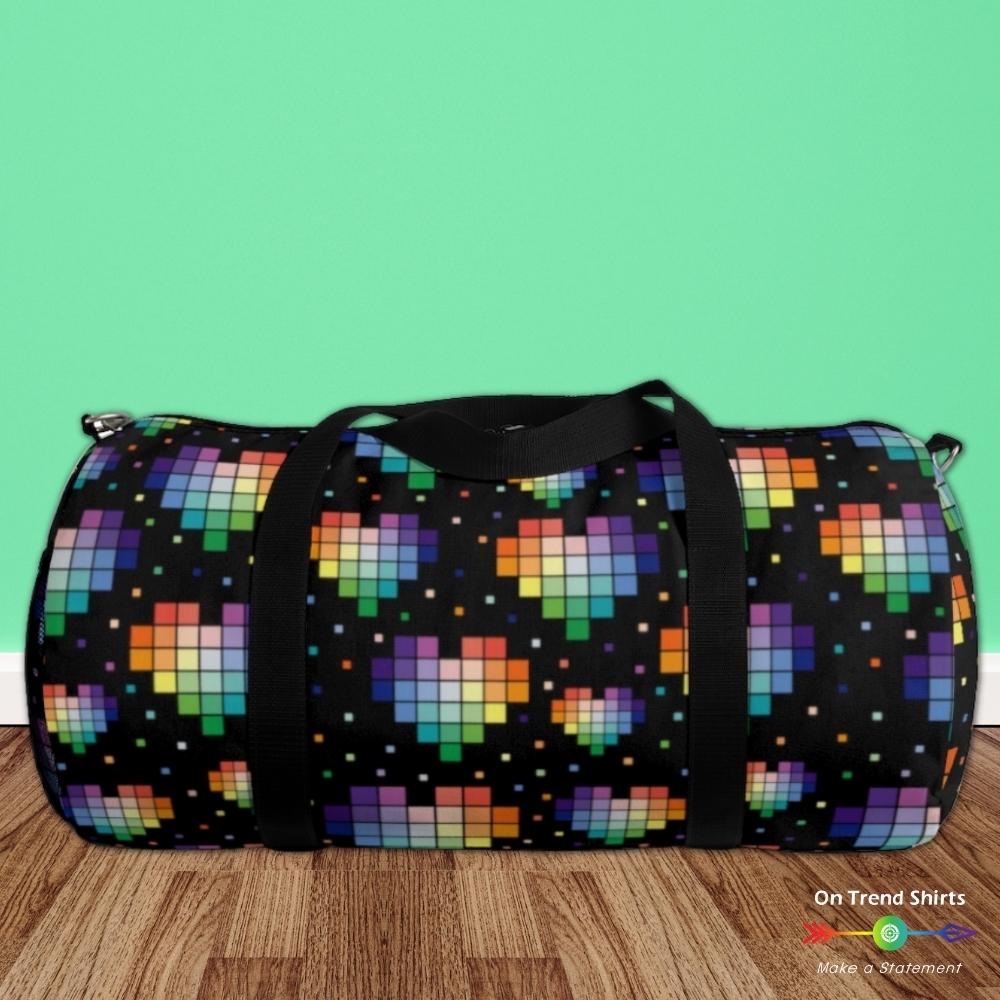 Black Rainbow Pixel Heart Duffel Bag - On Trend Shirts