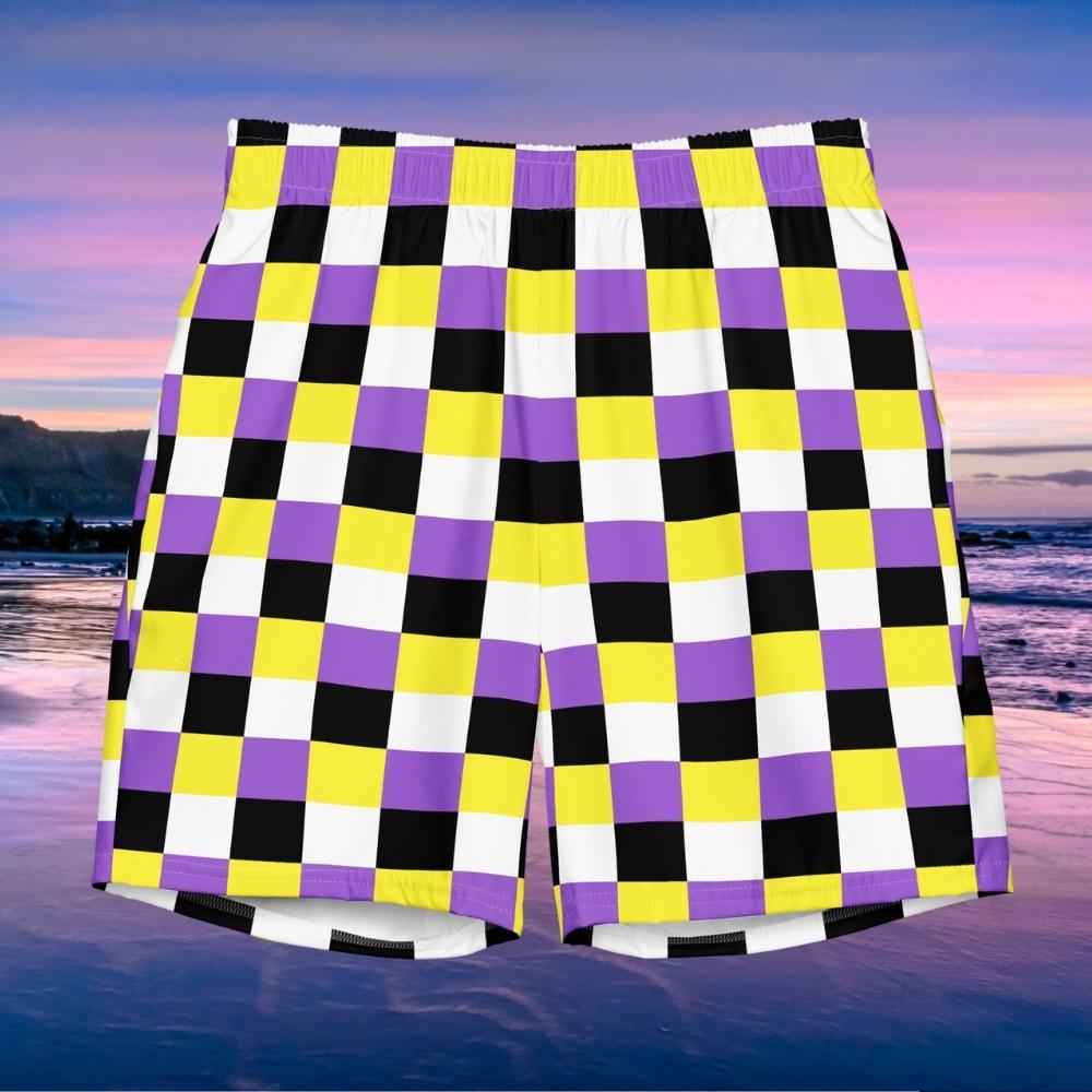Non-Binary Flag Check Swim Trunks - On Trend Shirts