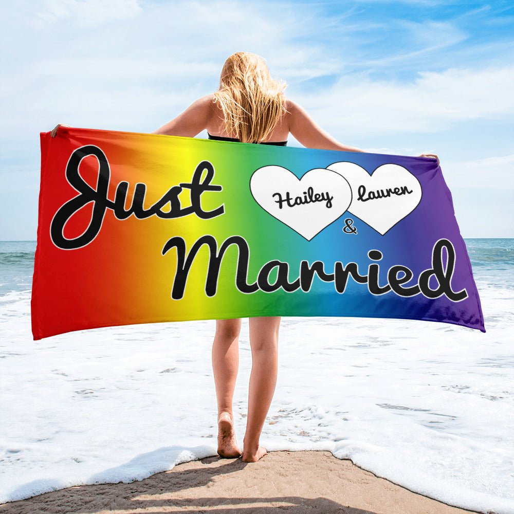 Personalized Just Married Ombré Rainbow Beach Towel - On Trend Shirts