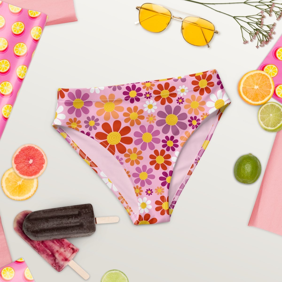 Pink Daisies Lesbian Recycled High-Waisted Bikini Bottom - On Trend Shirts