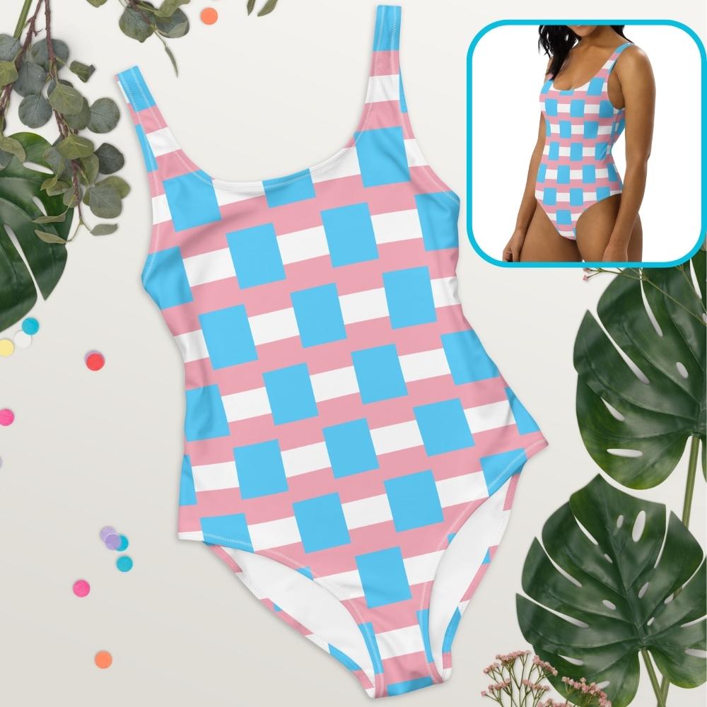 Transgender Flag Check One-Piece Swimsuit - On Trend Shirts
